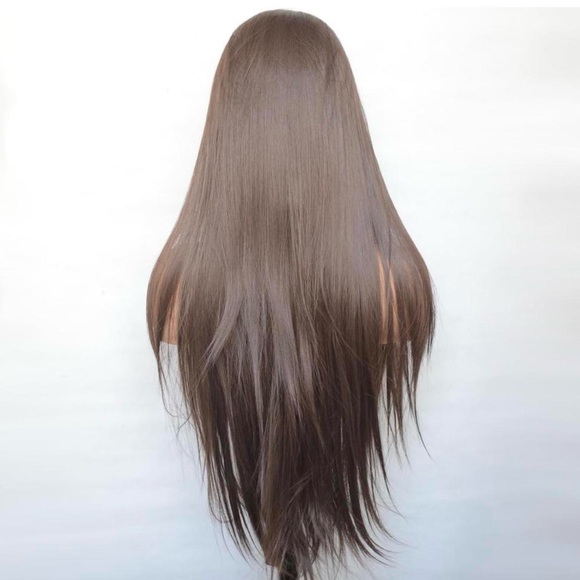 human hair blend lace front brown straight wig. main image 3